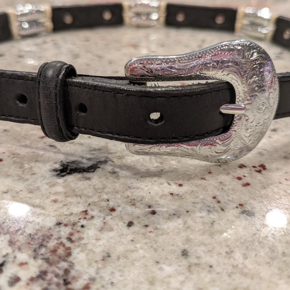 Vintage Western Concho Belt Black Leather Silver Tone Buckle Boho Cowgirl